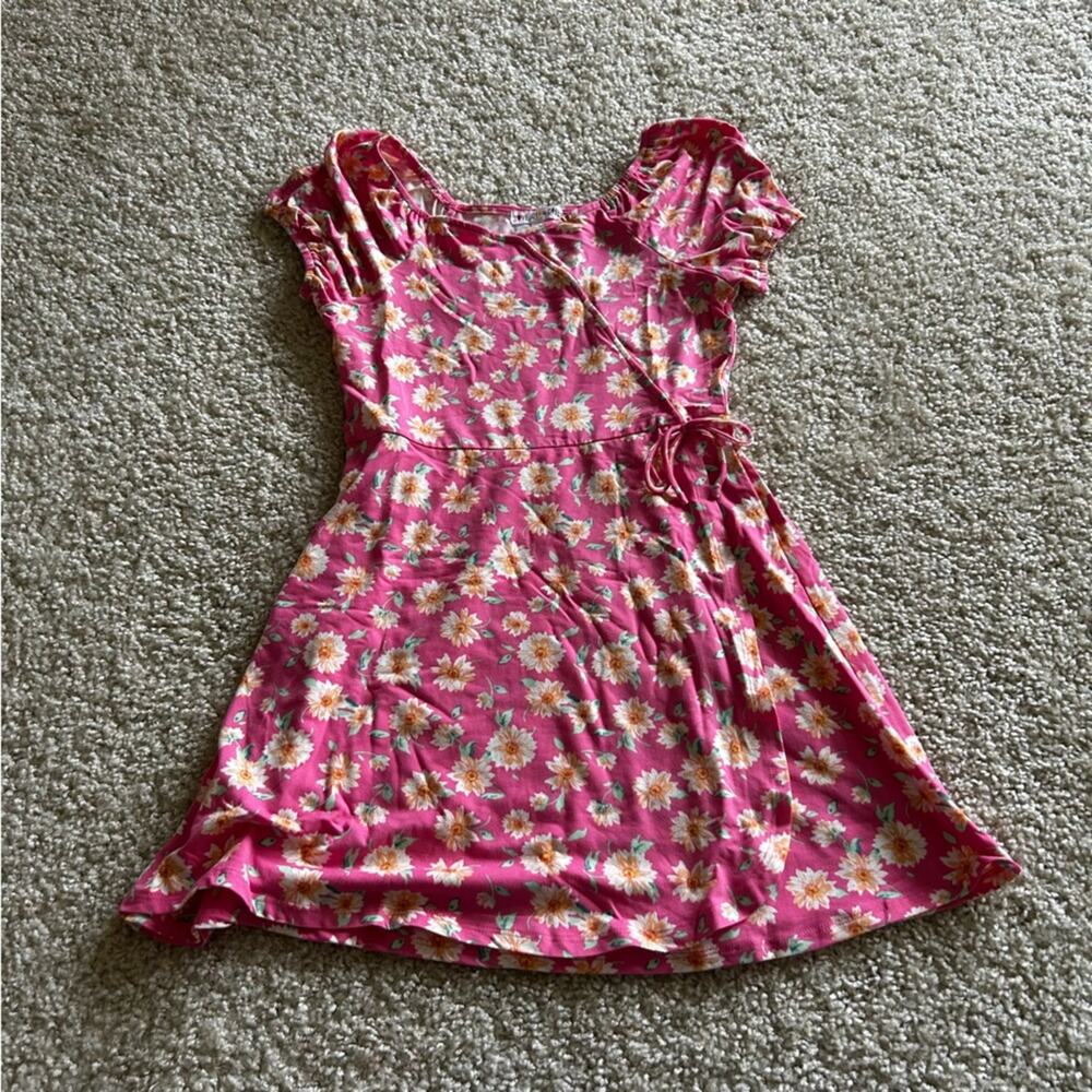 NWOT Love Glam Girl Pink Floral Flower Print Faux Wrap Dress Size Large Youth